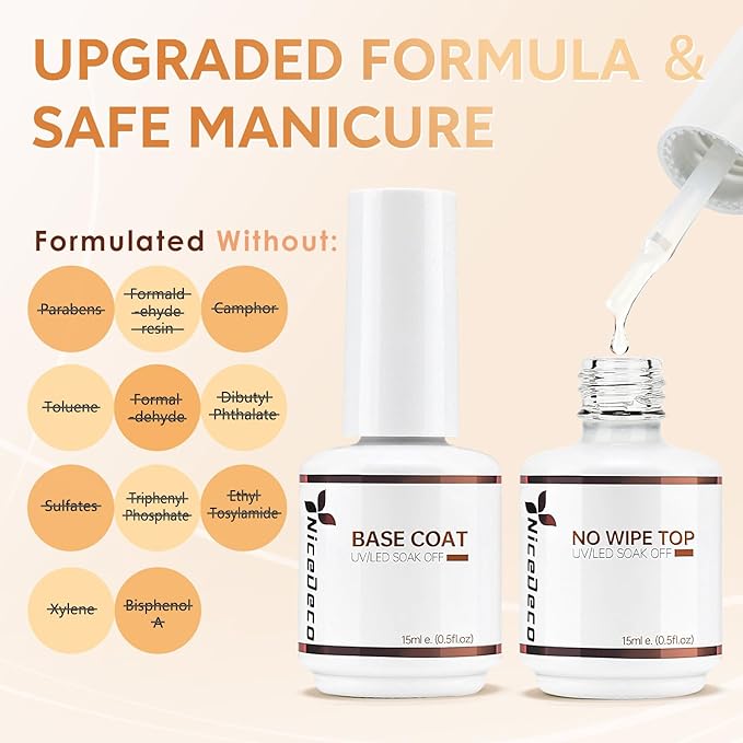 Nicedeco Hema Free No Wipe Gel Top Coat and Base Coat Set 2 Pcs 15ml Low Odor Cruelty Free Vegan Gel Nail Polish Glossy Shine Long Lasting Gel Base Top Coat