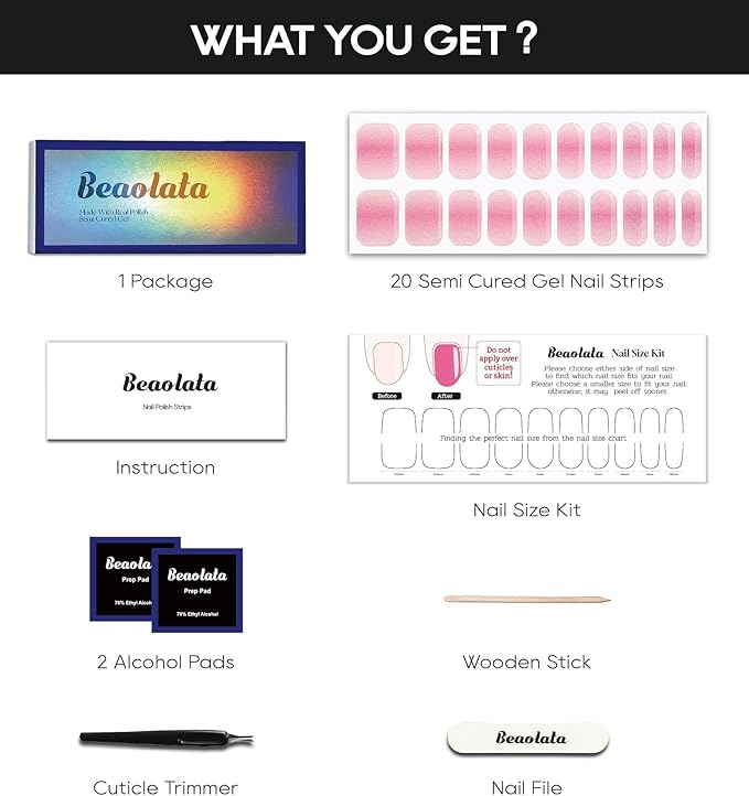 Semi Cured Gel Nail Strips - UV Light Gel Nail Stickers - 20 Long Lasting Salon Quality Wraps (Pink Champagne Bubbles)