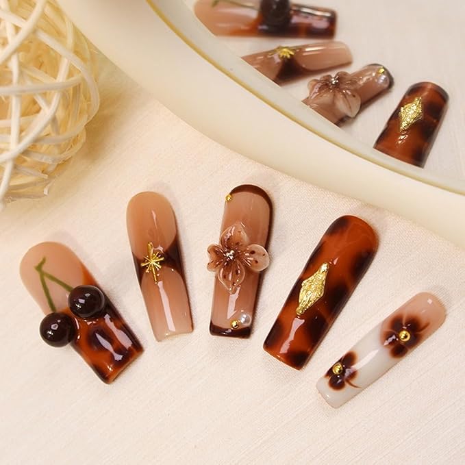 Cherry Press on Nails Thick Acrylic and Muti-Layer Gel Long Square Handmade Press on Nails 3D Flower Fake Nails wtih Design French Tip False Nails Full Cover Stick on Nail for Women Nails Decor (S)