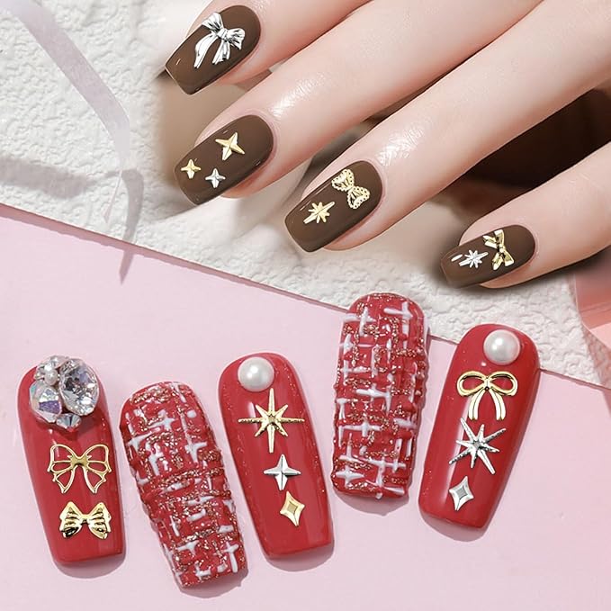 Gold Silver 3D Nail Charms, 2Boxes 24Grids Bow Star Nail Gems Nail Studs,Punk Metal Alloy Rivet Stickers Bowknot Nail Art Decorations Accessories for Nail Art Design DIY Crafts (Gold Silver A)
