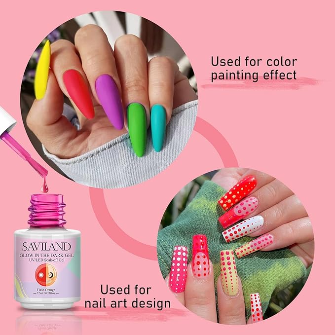 SAVILAND Glows in The Dark Gel Nail Polish Set - 12 Halloween Colors Luminous Neon Nail Gel Polish Set Soak off U V/LED Glow Effect Nail Polish for DIY Nail Art Design Holiday Gifts for Women