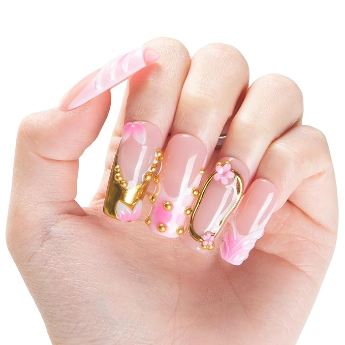 LOVFUL Short French Tip Press on Nails Rosy Charm | Handmade Acrylic Press ons| Reusable Fake False Nails | Square Classic Regular 1.3in | H692-S