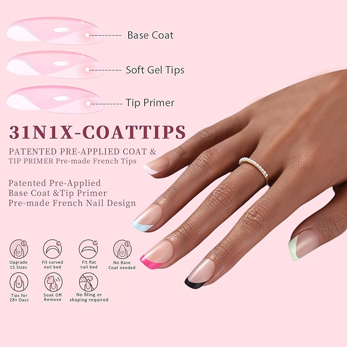 Short Square French Tip Press on Nails, Multicolor 150pcs Soft French Gel Nail Tips, No Need to File, Pre-lasting Acrylic Matte Fake Nails Extension for Women Girl Nails Art DIY 15Sizes