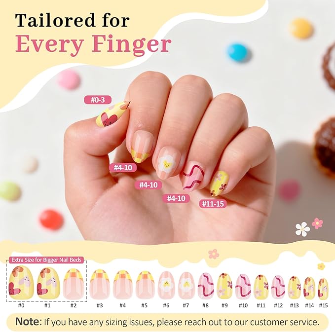 16 Sizes Press on Nails Kit for Kids - 32 Pieces French Almond Fake Nail Tips for Girls 8-12 Years Old with Jelly Nail Adhesives & No-Lamp Nail Glue, Birthday Easter Gifts (Happy Smile)