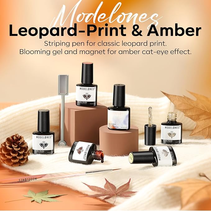 modelones Gel Nail Polish Set, 6 Colors Clear Blooming Nude Gold Glitter Cat Eye Gel Polish Amber Brown Jelly Maroon Black Nail Polish 2026 Leopard-Print Theme with Magnet & Liner Pen LED Mani Kit