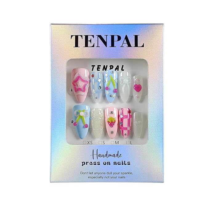 Handmade Press On Nails Almond,Blue Pink Summer Nails,Checkered Glitter Fruit False Nails with Rhinestone Stars Holographic Designs,Soft Gel Sweet Cute Fake Nails for Girls,10pcs(L,Blue Pink)