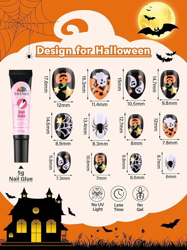 EBANKU Halloween Kid Press on Nails, 72Pcs Almond Fake Nails Kit Full Cover Orange Pumpkin Ghost Cute Design Acrylic Nails with Nail Glue for Girl