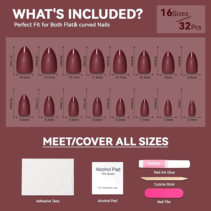 Red French Press on Nails Short Almond - Dark Red Nails with Glossy French Tip in a Matte Finish, Soft Gel Reusable Fall Burgundy Fake Nails Winter Stick on Nails for Women Gift, 32PCS 16 Sizes