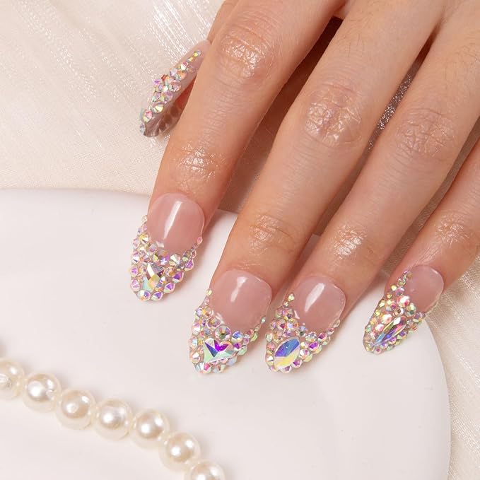 LOVFUL Press on Nails Angel's Tear Rhinestone | Handmade with Full Covered Crystals | Reusable Fake Nails | Almond Regular 1.0 in | H48-L