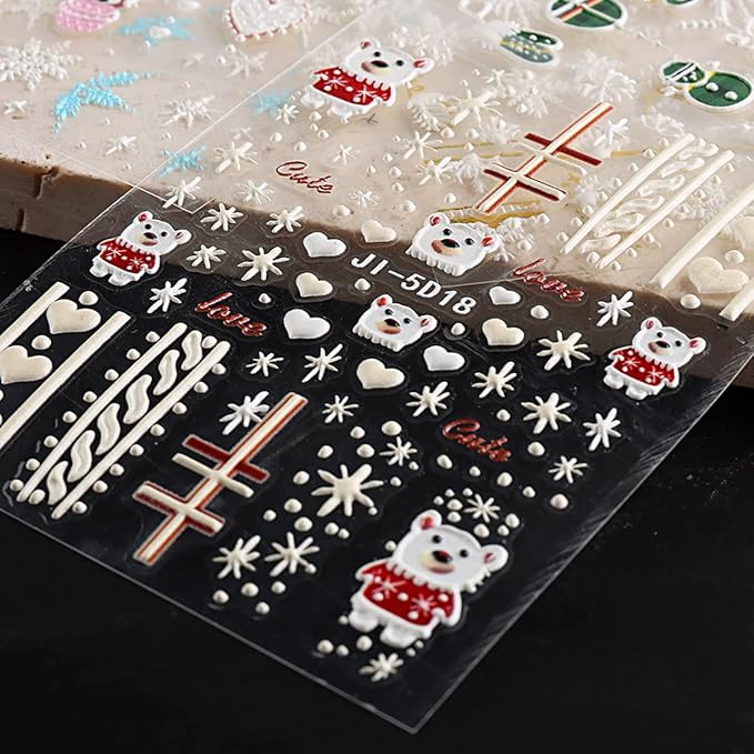5D Christmas Nail Art Stickers Self-Adhesive Embossed Snowflake Nail Decals Bear Elk Xmas Tree Nail Design Christmas Party Nail Decoration Winter Nail Stickers for Women Girls DIY Nail Charms 3 Sheets