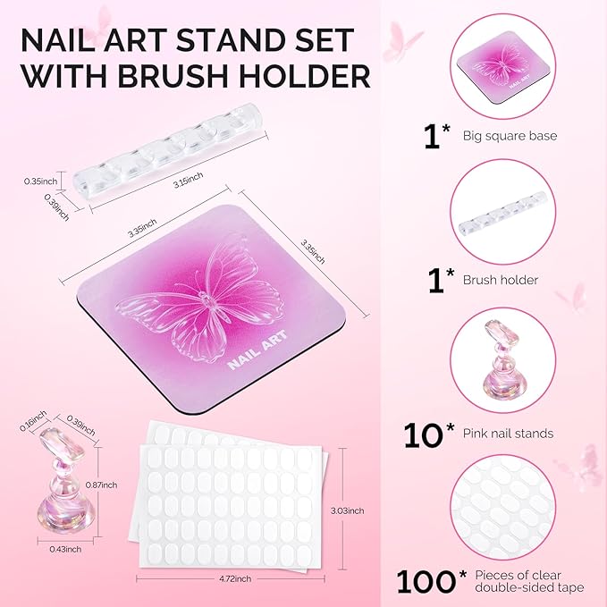 MelodySusie Nail Stand for Press Ons, Super Pink Metal Square With Butterfly Pattern Magnetic Base for Painting Display with Brush Holder And Reusable Double-Sided Tape for Home DIY Salon Supplies