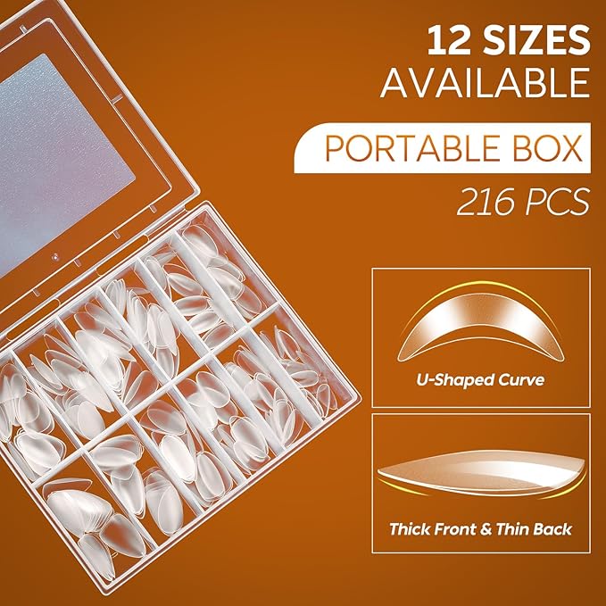 Nicedeco Short Almond Nail Tips Soft Gel Tips 216pcs Press on Nails for Full Cover Acrylic Full Nails False Nails 12 Sizes - 008