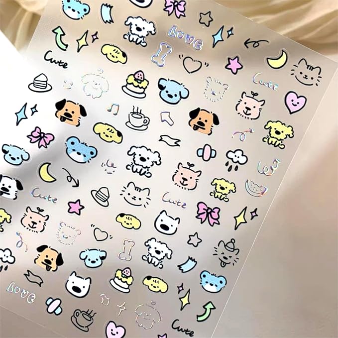 Dedyel 5D Embossed Cute Dog Nail Art Stickers Cartoon Kawaii Design Anime Self Adhesive Nail Stickers for Women Kids Girls Nails Art Decorations