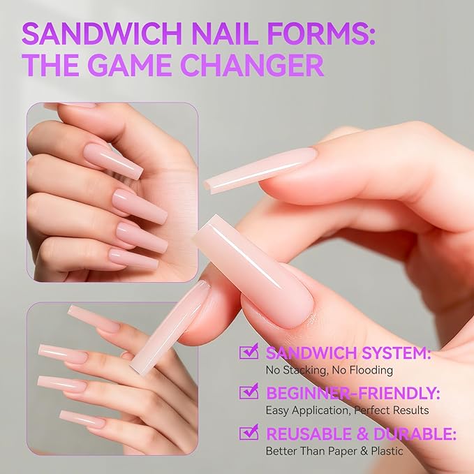 Gelike EC Sandwich Nail Forms for Builder Gel: 2026 New Dual Nail Form No Gel Stacking Warping or Bubbles for Home Extensions Art - 240Pcs 15 Sizes Top & Bottom Molds - Long Coffin