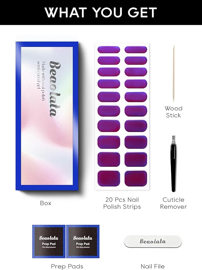 Semi Cured Gel Nail Strips - UV Light Gel Nail Stickers - 20 Long Lasting Salon Quality Wraps (Galactic Glow Purple)