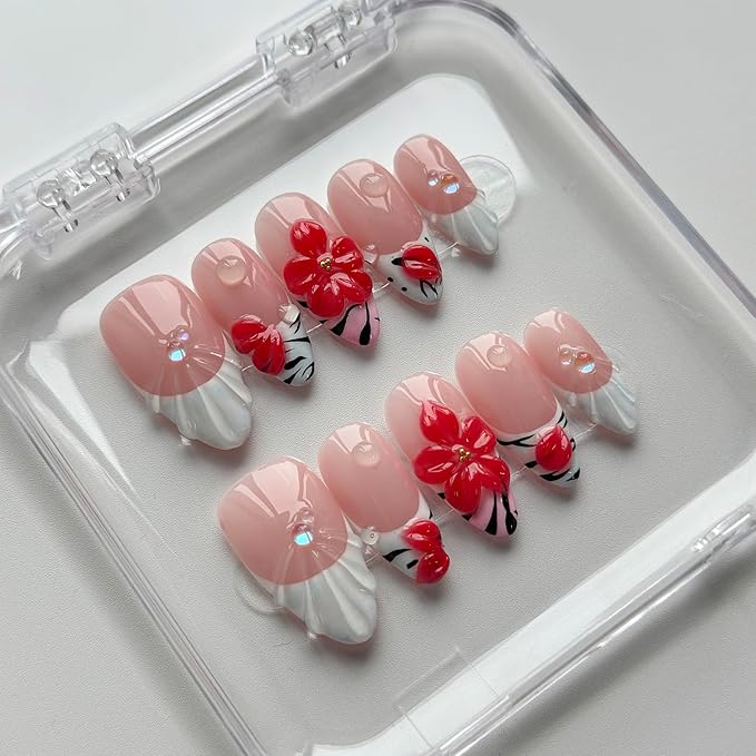 Luxury Press on Nails Medium Almond Handmade 3D Unique Reusable ABS Material Fake Nails White French Tip False Nails with Designs Water Drop Red Flower Glossy Glue on Nail Thick Acrylic Nail(S)