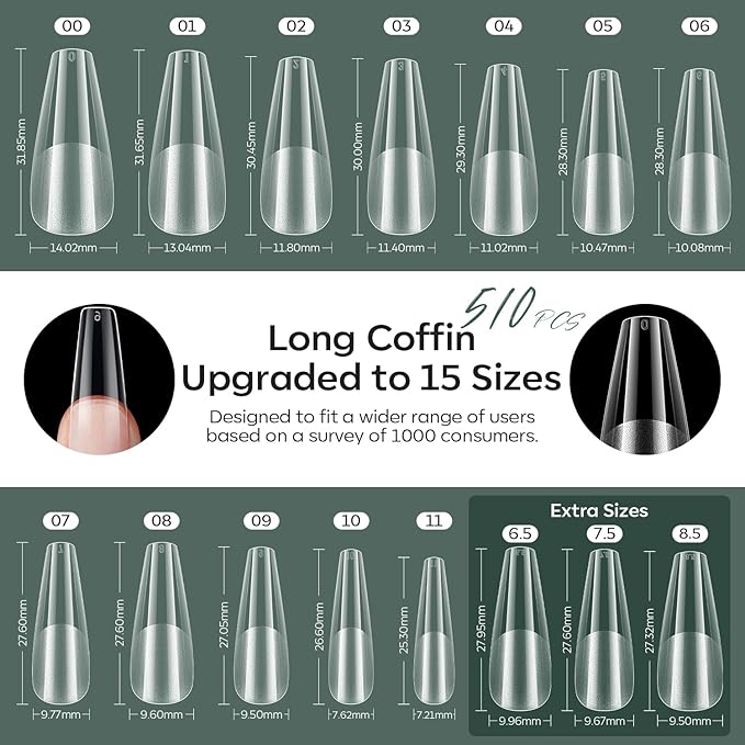 modelones X Nail Gel Kit, Fake Nails Long Coffin, 9-in-One Glue Prep Dehydrator & Portable Mini U V Light Acrylic Clipper, 500Pcs Coffin Tips for Extension Kit DIY Salon Home Gifts for Women