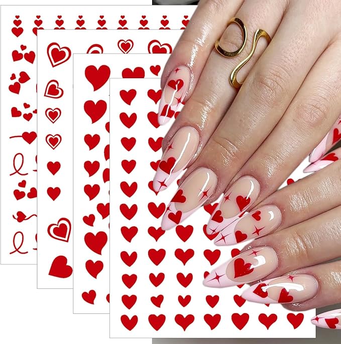 8 Sheets Red Heart Nail Art Stickers Romantic Valentines Nail Stickers 3D Self-Adhesive Love Lips Crown Nail Design Decals French Tip Nails Art Supplies for Women Holiday Decor Valentine Manicure Set