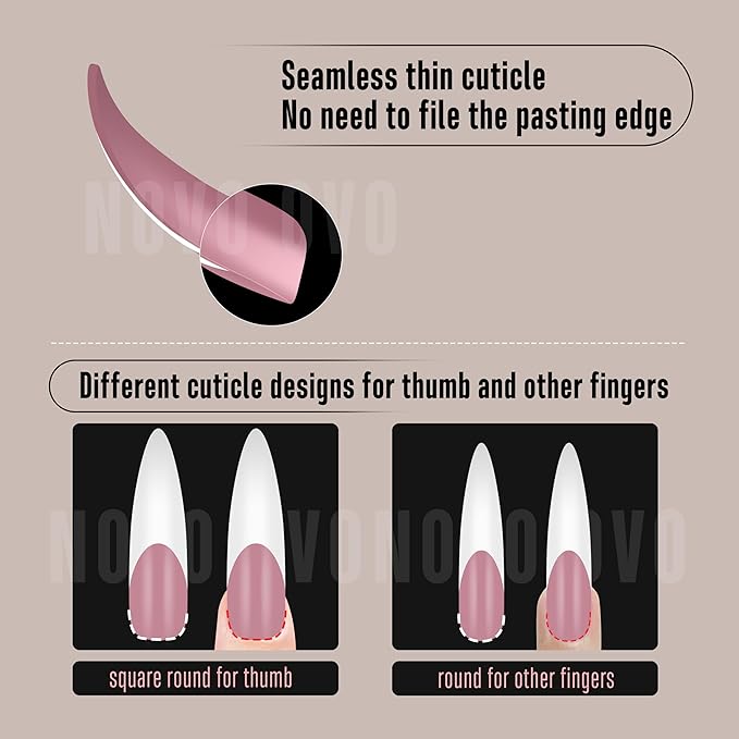 NOVO OVO Halloween XXL Curved Stiletto Almond French Tip Nail Tips, Soft Gel Extra Thick Long Acrylic Hawk Curve Fake Extension, Need Builder Gel & Top Coat, Full Cover Press on DIY 12 Sizes 240 pcs