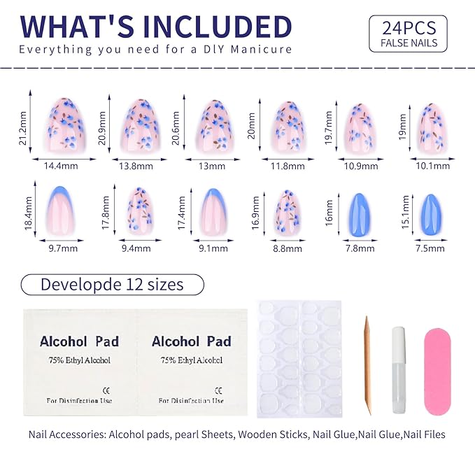 Summer Fall Press On Nails Short Almond, Nude and Blue Fake Nails Featuring Blue Floral Accents, Glossy Finish Acrylic Nails, Thick Reusable Glue On Nails for Women, 24Pcs