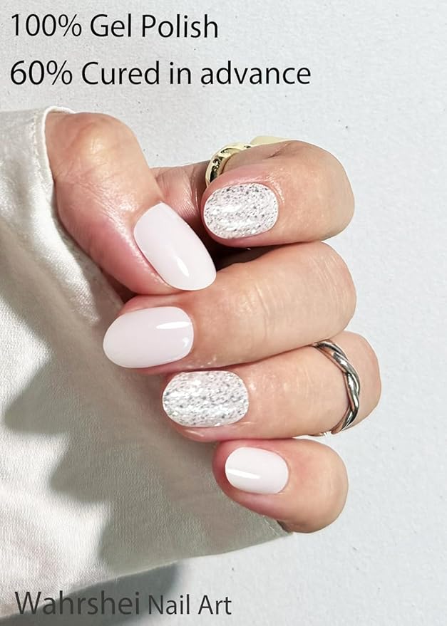 UV Gel Nail Stickers, Milky White Glitter 30pcs Semi Cured Gel Nail Strips, Wraps for Home Manicure DIY