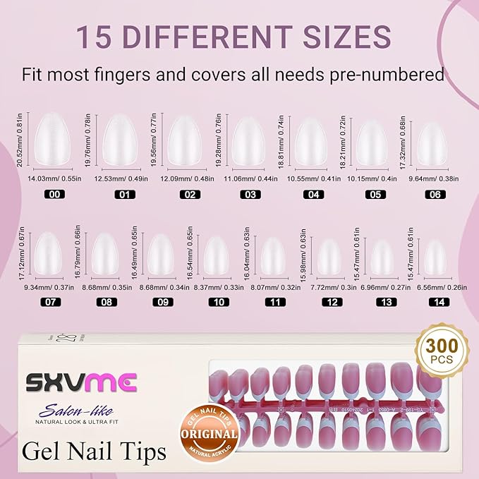 Gel French Tip Nails Short Almond French Tip Press on Nails SXVME White French Nail Tips 300Pcs Pre-applied Tip Primer Natural Pink Fake Nails Extensions Gel Nail Kit for Women Girls DIY