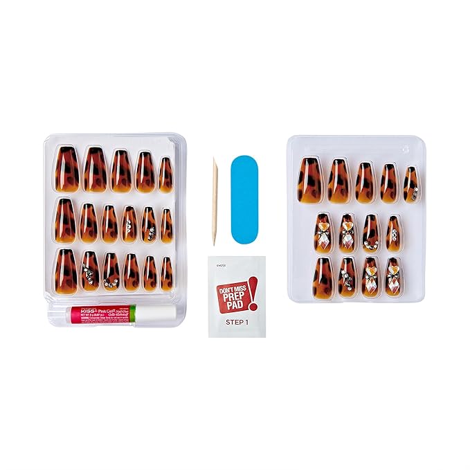 GoldFinger Premium Luxury False Nails Kit, Ready to Wear Leopard Nails, Manicure Stick and Glue Included, Long Coffin Shape with 3D Rhinestones, Long-Lasting Hottest Trend Glue on Nails