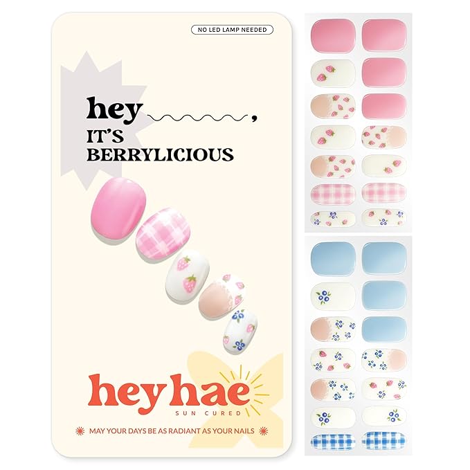 Heyhae Semi Cured Gel Nail Strips | No LED Lamp Needed | Summer, Solid, Pink | Easy Apply & Remove, Salon Quality | Includes 28 Strips, 1 Prep Pads, Nail File & Wooden Stick - Hey, It's Berrylicious