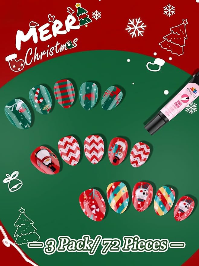 72Pcs Christmas Kid Press on Nails, EBANKU Xmas Fake Nails Kit Full Cover Christmas Theme Design False Nail with Nail Glue for Girl