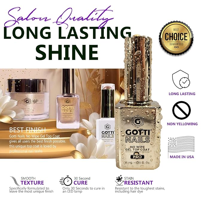 Gotti Nails No Wipe Gel Top Coat, High Gloss Shine, Non-Yellowing & Stain Resistant, Clear UV/LED finish