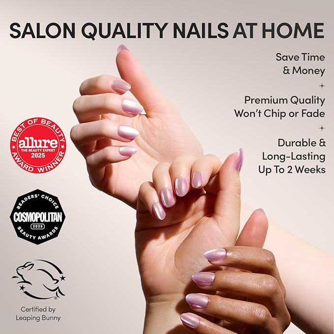 Glamnetic Press On Nails - Oyster Fake Nails | Short Oval Cat Eye Fake Nails with a Velvet Pearlescent Finish, Salon Quality Summer Nails | 15 Sizes - 30 Nail Kit with Glue