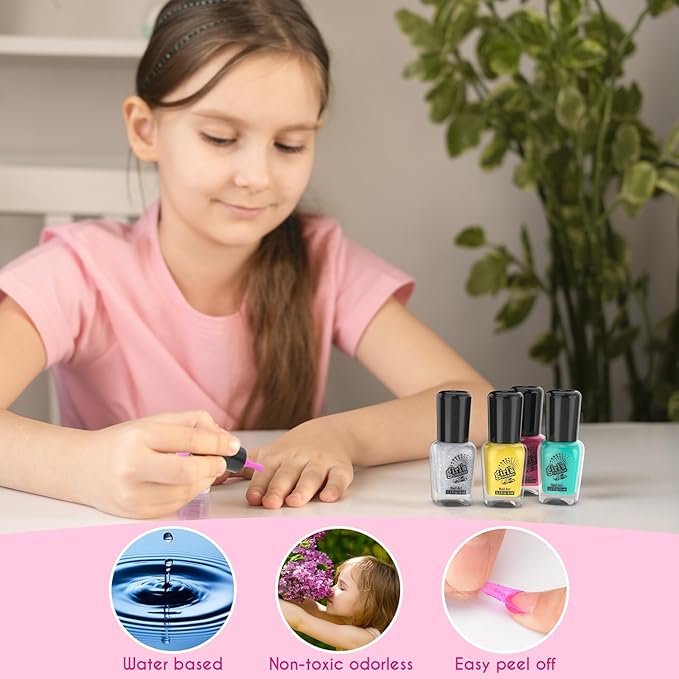 Amagoing Kids Nail Polish Set for Girls, All-in-One Nail Art Kit with Storage Box Ages 6-8, Non Toxic Peelable Nail Polish, Nail Dryer, Hair Clip, Girl Makeup Case Toys Birthday Gift for 5 6 7 8 9