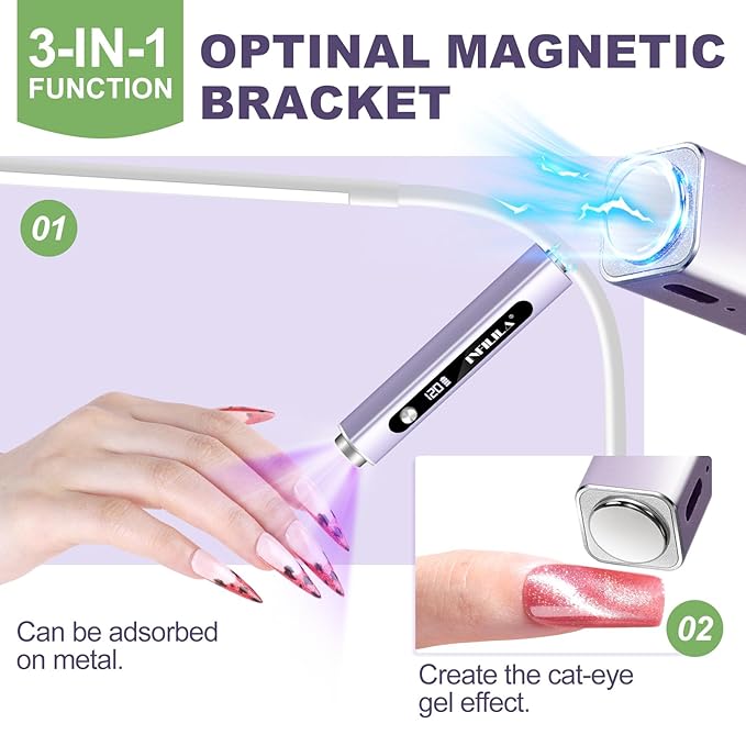 NXJ INFILILA Multi-Functional Handheld UV Light for Gel Nails with Cat Eye Magnet - Portable Flash Cure Nail Lamp for French Manicures, Detail Work, Type-C Cordless for Travel & Home Use(Purple)