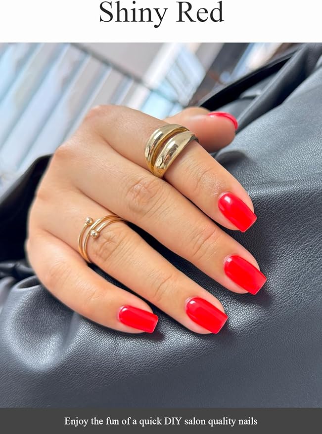 Semi Cured Gel Nail Strips (Shiny Red), 20 Pcs Summer Gel Nail Wraps, Stickers, UV Light Required, Salon Quality, Long Lasting