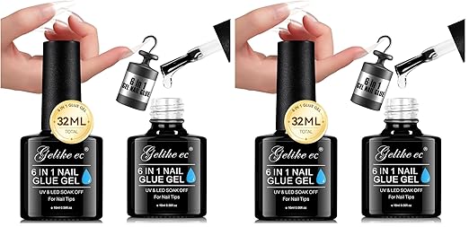 Gelike EC UV Nail Glue Gel: 32ML 6 in 1 Strong Glue Nail for Extension Home DIY Clear UV Cure Adhesive for Acrylic Nails & Press On Nails Tips 12 Toxic-Free (Pack of 2)