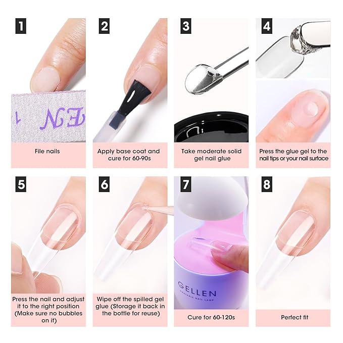 Gellen Solid Nail Glue Gel Kit - 8g Gel and 8w Mini UV Light LED Lamp for Cured Nails, Press on Glue for Acrylic Fake Tips, Salon Art DIY at Home