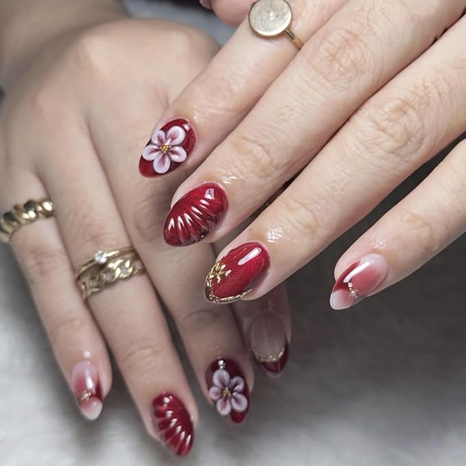 Press on Nails Short Almond Fake Nails Red Artificial Nail 3D Flowers Stick on Nail for Women 24pcs