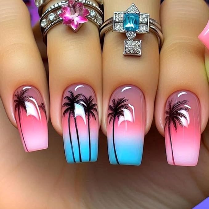 French Tip Press on Nails Medium Coffin Fake Nails with Coconut Tree Designs Seaside Starry Sky Gradient Glue on Nails Pink Blue Acrylic Nails Summer Beach Stick on Nails for Women Girls