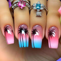French Tip Press on Nails Medium Coffin Fake Nails with Coconut Tree Designs Seaside Starry Sky Gradient Glue on Nails Pink Blue Acrylic Nails Summer Beach Stick on Nails for Women Girls