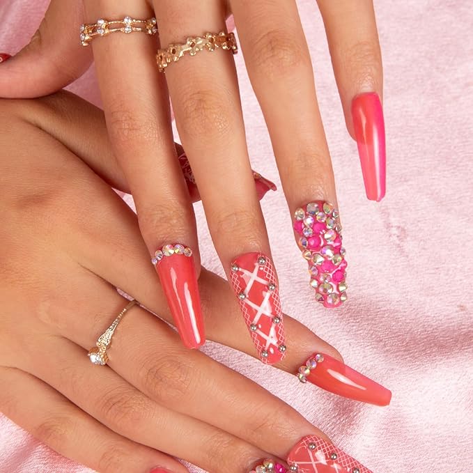 LOVFUL Press on Nails Rose Whispers | Handmade with Full Covered Crystals | Reusable Fake Nails | Coffin Classic Regular 1.3 in | H158-L