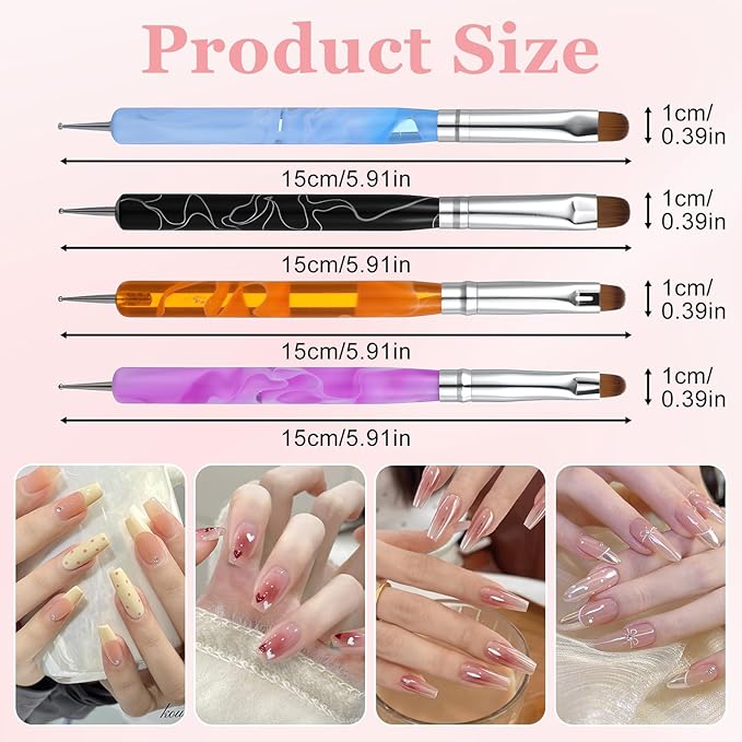 4 Pcs French Tip Brush Nail Art Brush Tools for Builder Gel Dotting Tools Kit Design Nail Polish Supplies Professional Manicure Cuticle Clean Up Small Detail Painting 3D Acrylic Brushes