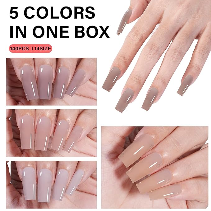 AILLSA Press on Nails Medium Square 140 PCS Fake Nails 4 in 1 Medium Glossy Nude Nails Press Ons, Long Lasting Pre-Shaped Gel Nails Natural False Nail for Nail Art DIY Women
