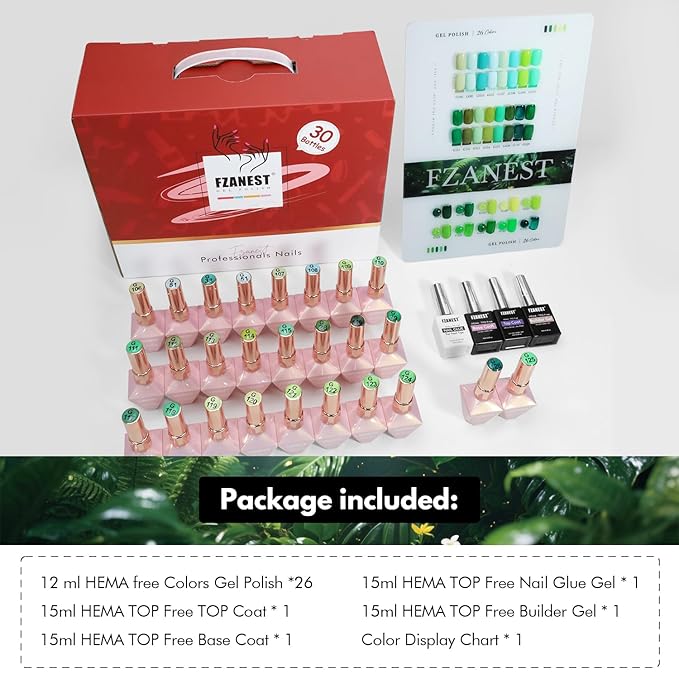 FZANEST Green Gel Nail Polish Set, Hema-free Tpo-free Spring Gel Polish Kit With Top Base Coat Nail Art Manicure Salon DIY at Home for Women