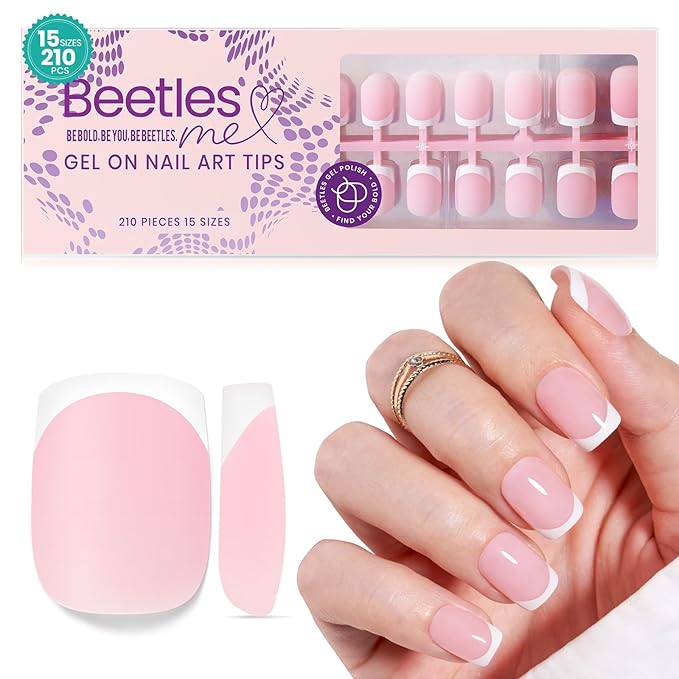 Beetles X Press Plus French Tip Nails - Peach French | Pink Extra Short Square Press On Nails | 15 Sizes 210 Pcs Natural Salon Quality Gel Nail Tips