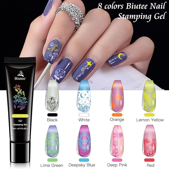 Biutee Nail Stamper Kit 22Pcs Gel Nail Stamping Kit 12Pcs Nail Stamping Plates 8Pcs Gel Stamping Polish, Silicone Stamper Scraper Flower Lace Star Stripe Holiday Stamp Template Gift for Women