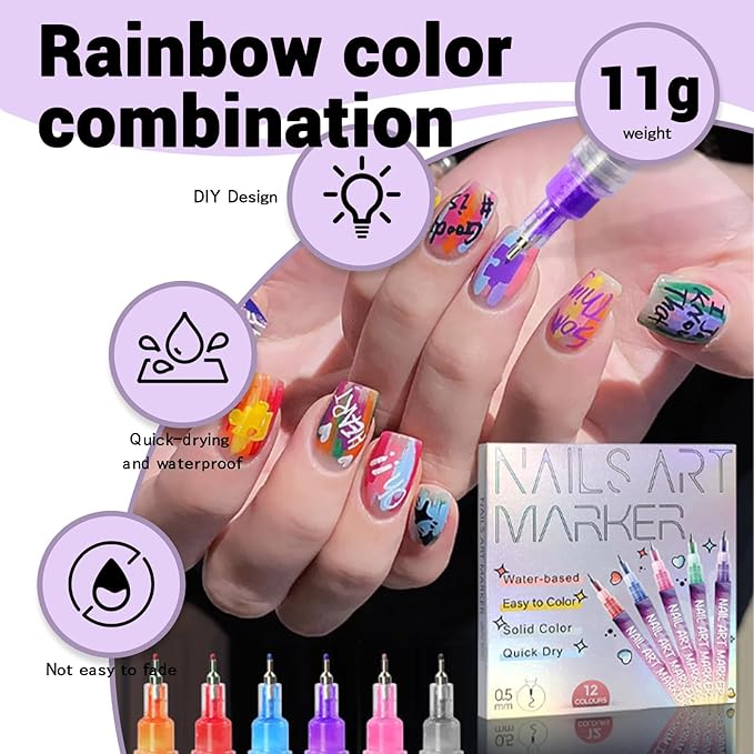 Hinourisha12pcs 3D Nail Art Pens Set, Nail Art Markers, Acrylic Nail Paint Pens Kit, Nail Polish Pen Quick-drying Waterproof for Paint Point Line Art Manicure Tools for Girls Gift