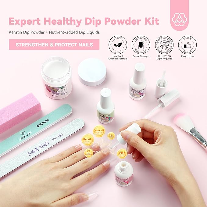 SAVILAND Clear Dip Powder Nail Kit Starter: 60g 2.1oz Dip Powder for Nails with Dipping Powder Liquid Set Dip Base Activator and Top Coat Professional Dip Nail Kit Repair for French Manicure Nail Art