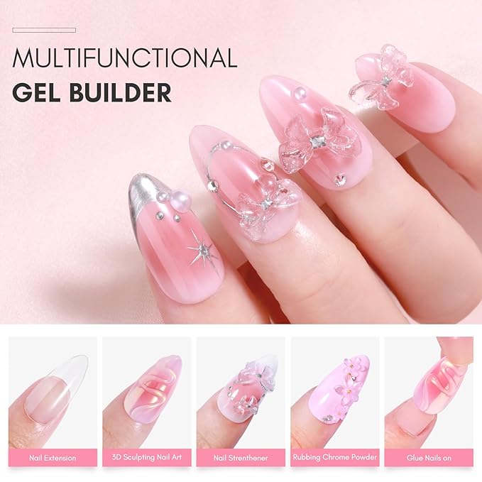 Makartt 4-in-1 Nail Gel Kit - Solid Extension Gel, UV Builder, Rhinestone Adhesive & Gem Glue, 15ml + 1.06oz Super Hold Set for Acrylic Tips, Crystals & Nail Art Design