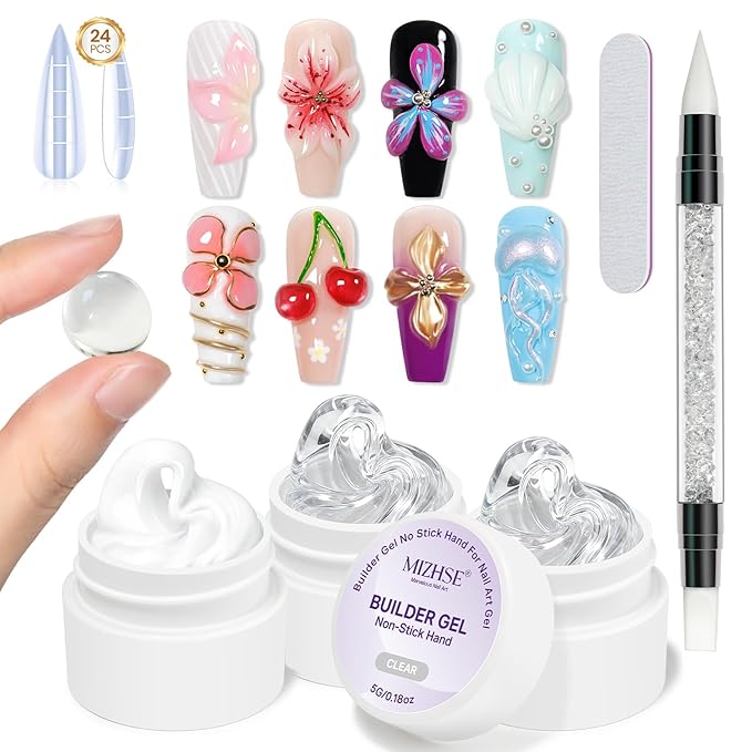 MIZHSE 3PCS 3D Nail Art Gel Clear and White Solid Builder Gel for Nails, 5 in 1 Non-Sticky Sculpture Hard Building Gels with Dual Form for 3D Carving Patterns Flowers for Beginner DIY Salon at Home