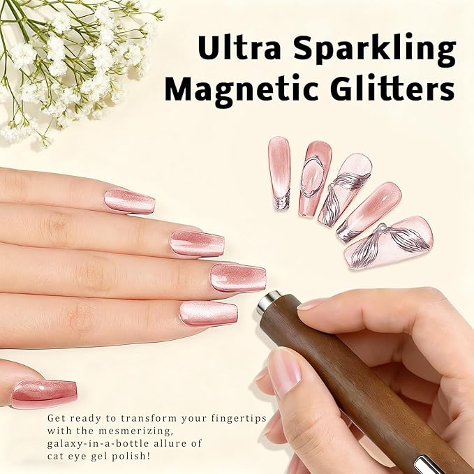 Gel Nail Polish Set, Cat Eye Gel Polish Kit, Holographic Reflective Magnetic Shimmer Glitter Nude Brown Pink Skin Tones Nail Art, Manicure Salon DIY Gifts, Soak Off, UV/LED Cured (9 Colors G)